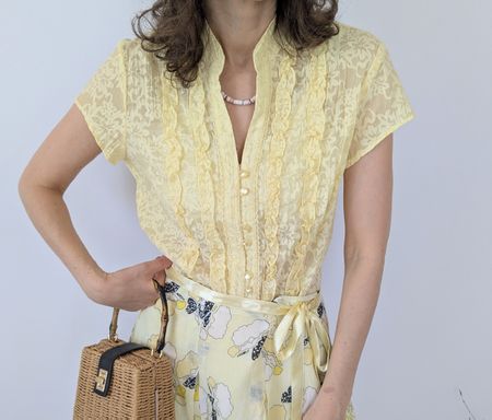 Bluse Kurzarm gelb M&Co Grösse 38  Rüschen