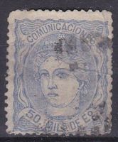 Timbre Espagne 1870 Isabelle II 50 milesimos bleu obl.