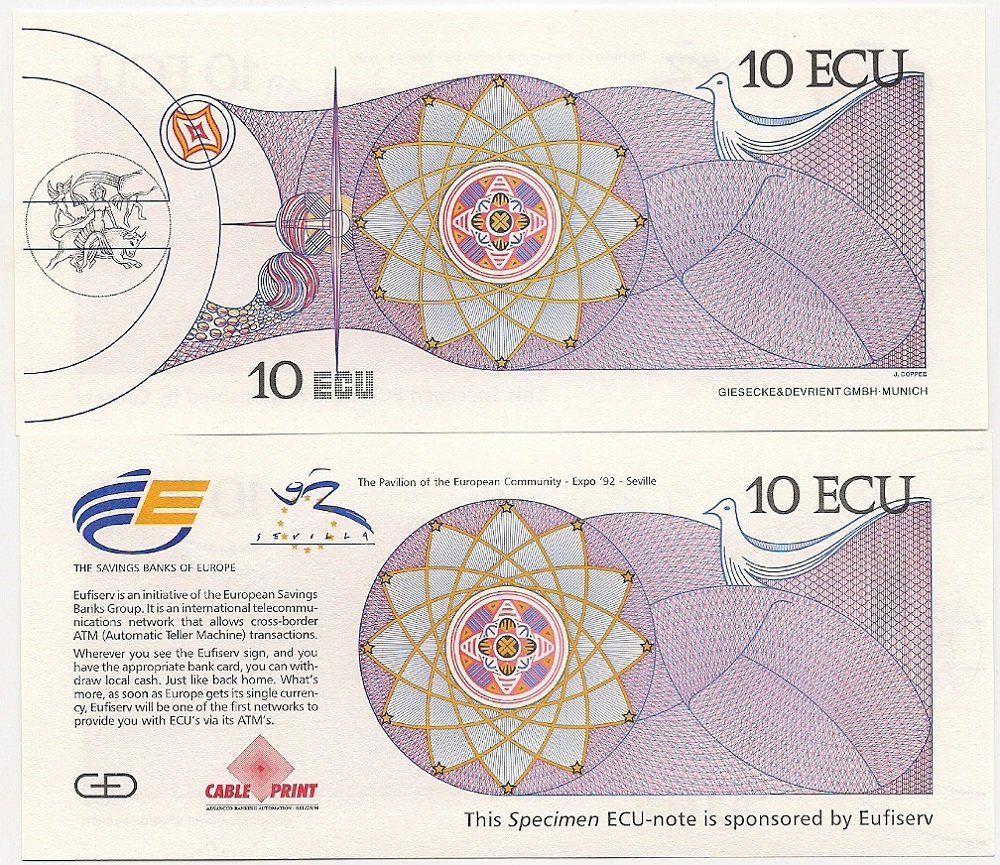 Banconote: EXPO 92 - 10 ECU SPECIMEN BANKNOTE - UNZIRKULIERT - – Nuovo (secondo la descrizione) da Tobel venduto da fuertinero
