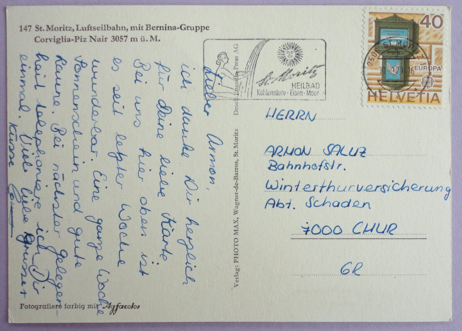 Cartoline postali: St. Moritz, Luftseilbahn mit Bernina-Gruppe – Usato da Fétigny venduto da Billy2miny 1