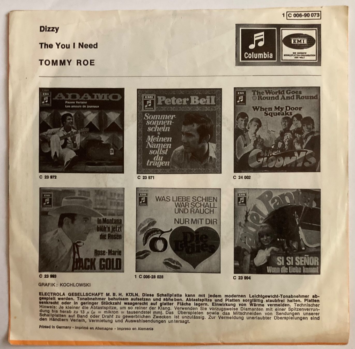 Dischi in vinile: TOMMY ROE - DIZZY / THE YOU I NEED – Usato da Poliez-Pittet venduto da Newtown-Records 1