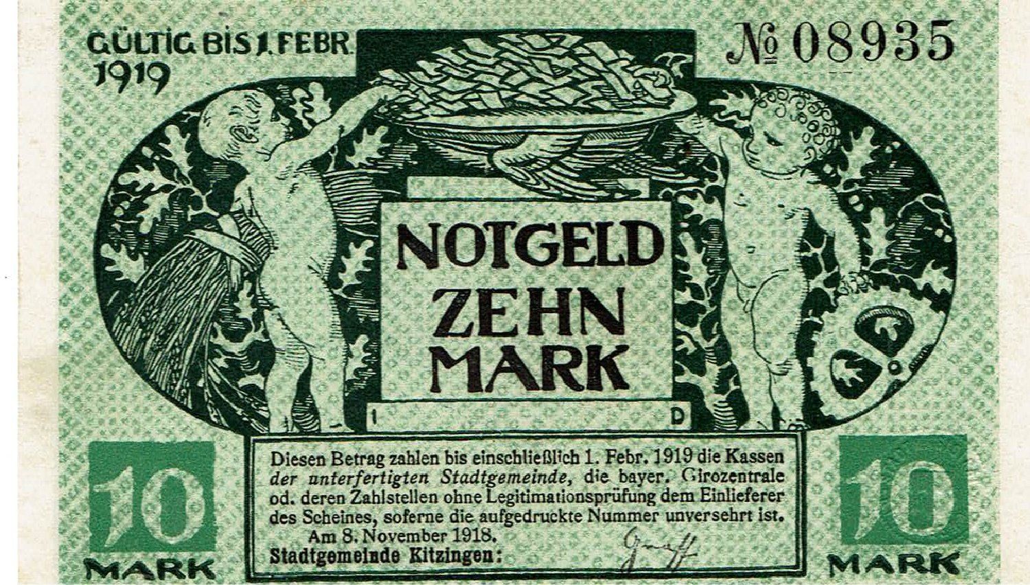 Banknoten: Kitzingen 10 Mark 08.11.1918 VZ+-VZ++ Nr.2 – Gebraucht aus Steffisburg von ber_8htf