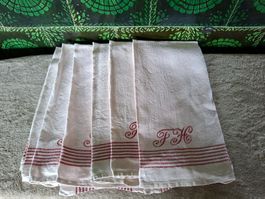 6 Stück alte Küchentücher mit roten Streifen & Monogramm FH