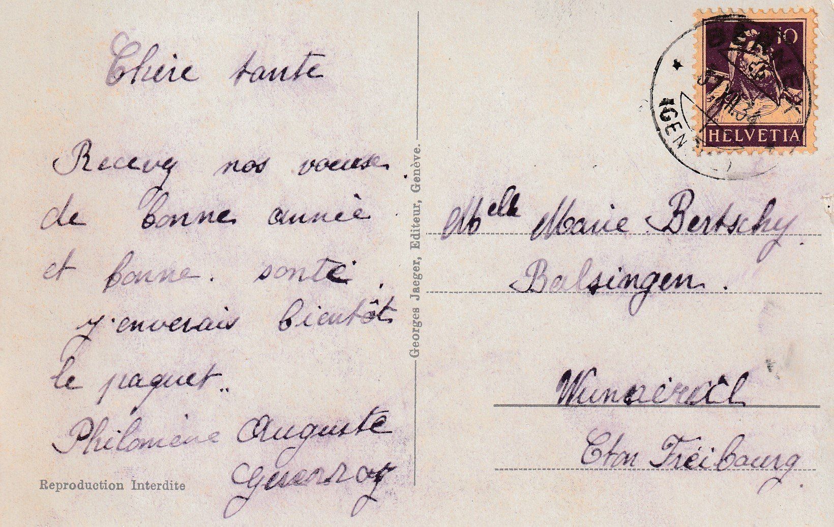 Ansichtskarten: AK Genève gel. 31.12.1934 – Gebraucht aus Fribourg von schnalla92 1