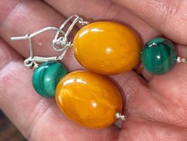 100 Years Old Butterscotch Amber & Malachite SS925 Earrings