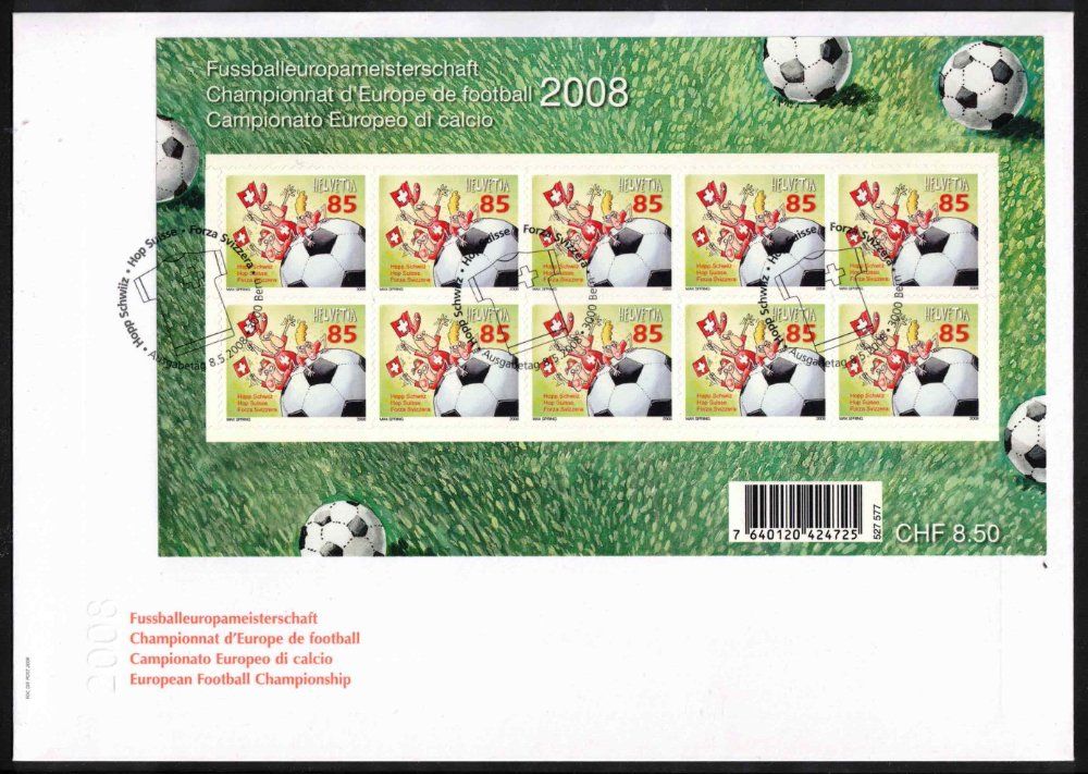 Alle Briefmarken: 2008 Kleinbogen "Europameisterschaft" Nr. 1275B auf FDC – Neu (gemäss Beschreibung) aus Nuglar von Stamp88