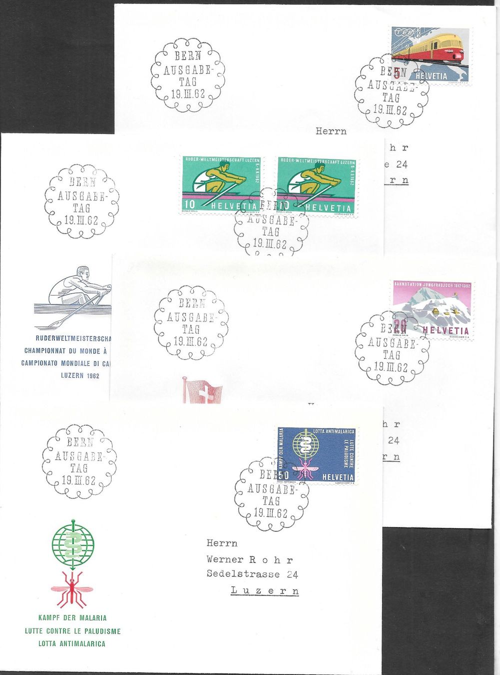 Tutti i francobolli: 4 FDC 385 - 388 Serie Einzelmarken ET Bern 19.3.1962 – Nuovo (secondo la descrizione) da Olten venduto da clotaldi