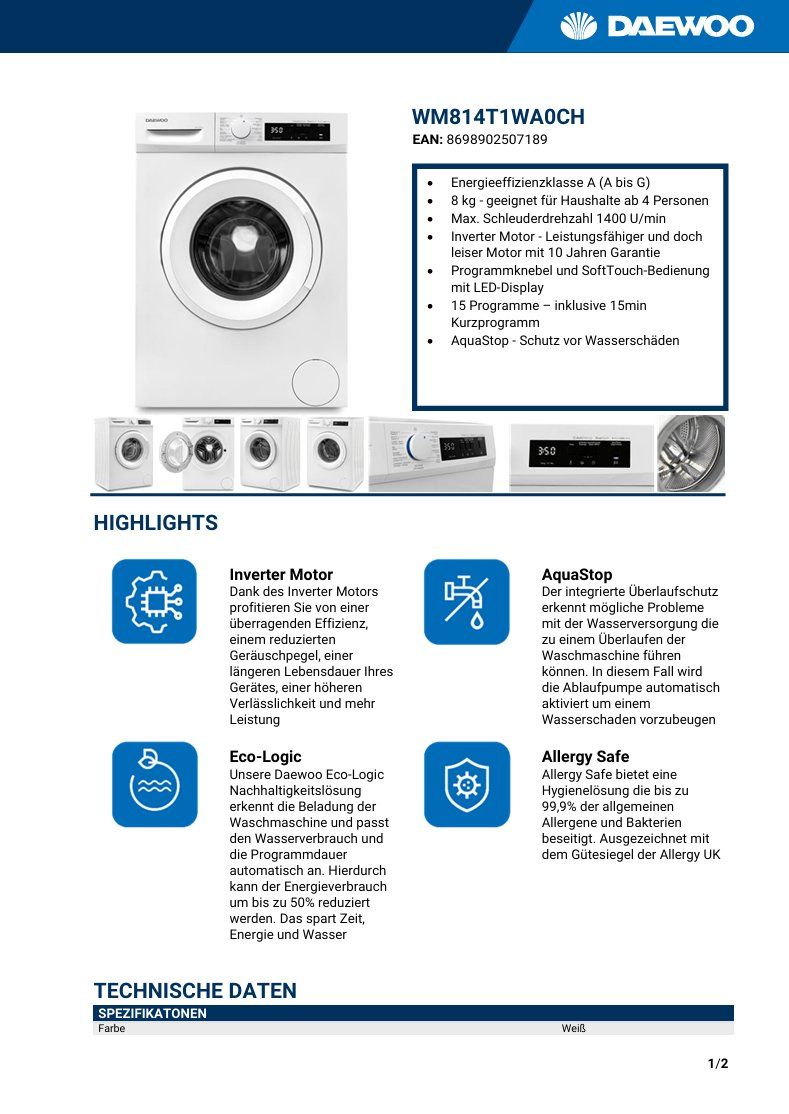 Daewoo Lavatrici: WM814T1WA0CH Waschmaschine – Nuovo (secondo la descrizione) da Wängi venduto da SPCSHOP 6