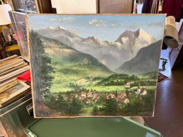 Antikes Oelgemälde Ansicht auf Frutigen Berner Oberland sign