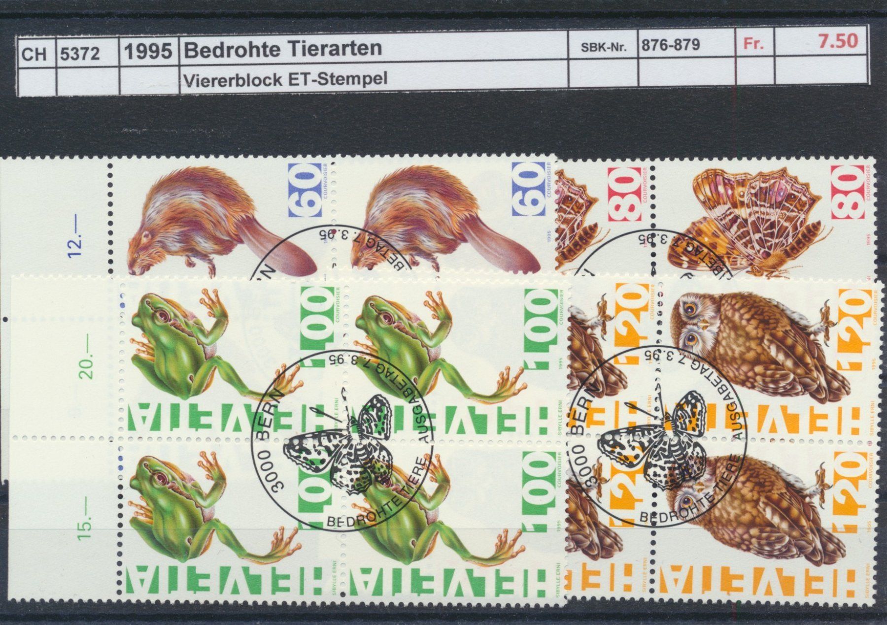 Tous les timbres: 1995 "Bedrohte Tierarten", Viererblock, gestempelt – D'occasion à Winterthur par Zupogeru