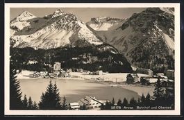 AK Arosa, Bahnhof und Obersee im Winter