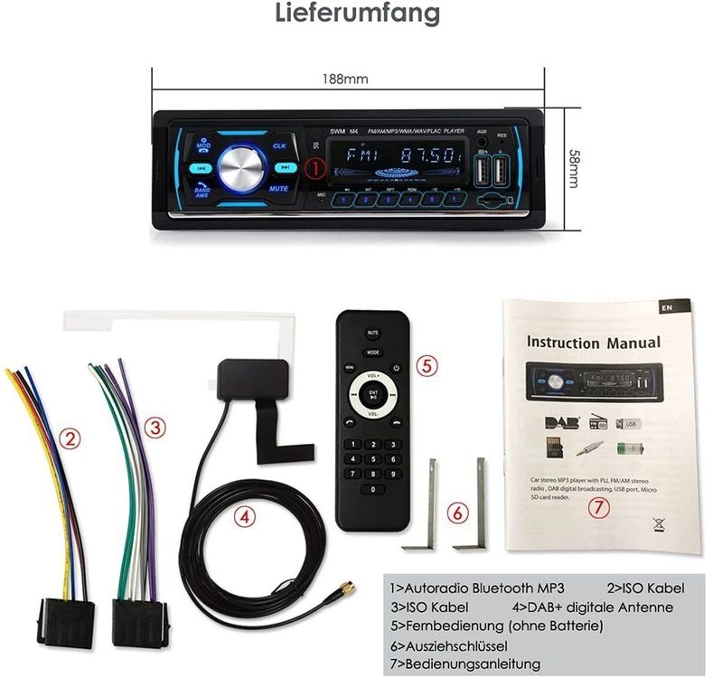 Autoradio FM DAB+ MP3 USB Natel Charger Bluetooth Hands-free
