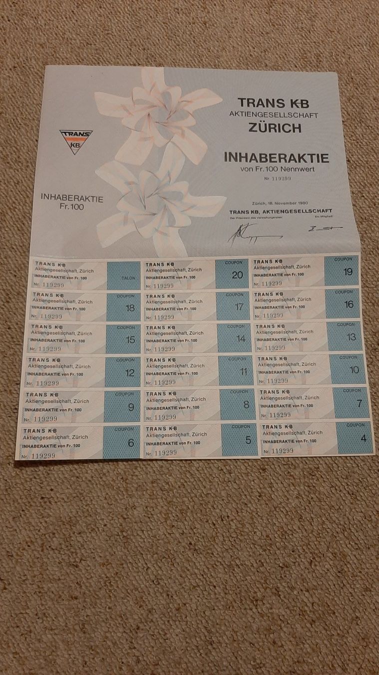 Documenti: Aktie Trans KB, Zuerich – Nuovo (secondo la descrizione) da Porza venduto da ulletta1