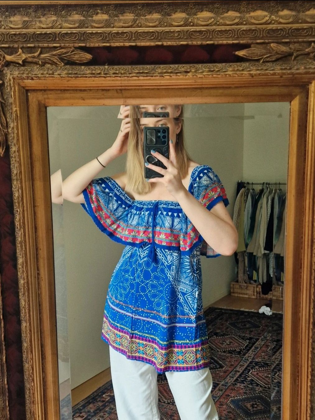 Tuniche: Bunte Off-Shoulder tunika Hippie Blau gemustert – Usato da Zürich venduto da tsu_76bc 2