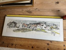 Aquarell Illiswil 1975 gerahmt Landschaftsmalerei 58cm