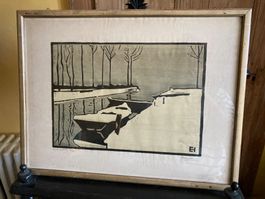 Gravure Haberjahn Yverdon neige Hiver ancien antik Gravur