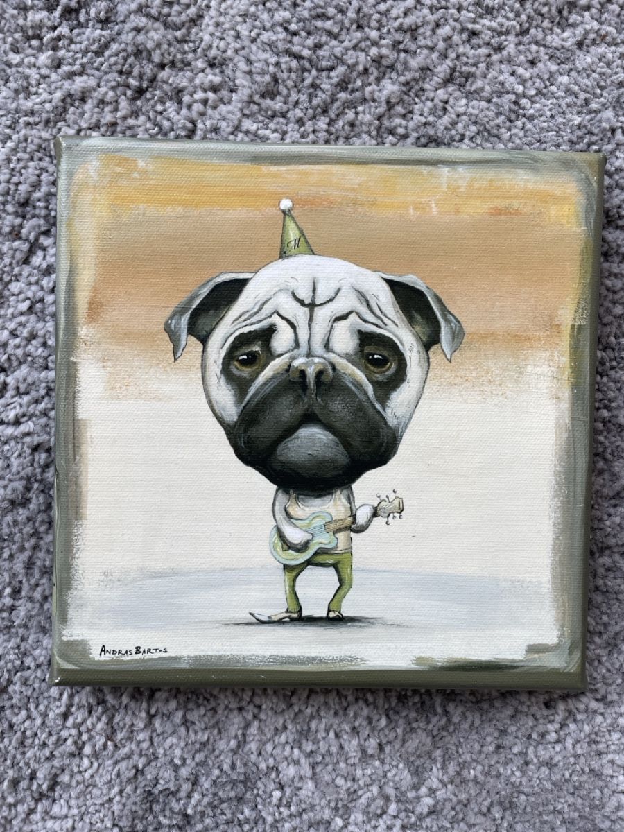Dipinti: Andras Bartos Original Gemälde "Mops mit Gitarre" Winter 48 – Nuovo e nell'imballaggio originale da Baden venduto da Coco1165