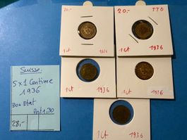 SUISSE : 5 X 1 CENTIME 1936 - Bon état