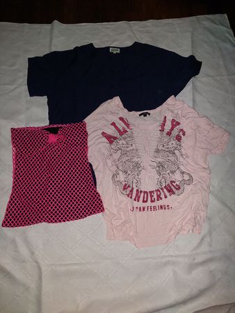 3 Damen Oberteile Pink Netz und Weiss Print Dunkelblau Gr S