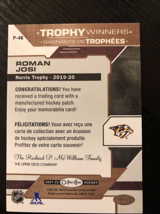 Roman Josi NHL Trophy Winners Norris Trophy Kaufen auf Ricardo