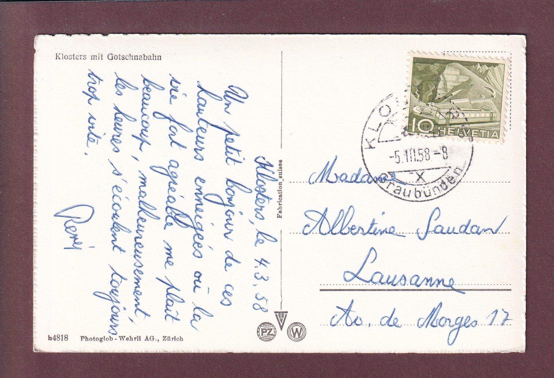 Cartes postales: KLOSTERS - Gotschnabahn - 1958 – D'occasion à Pully par nicecards 1