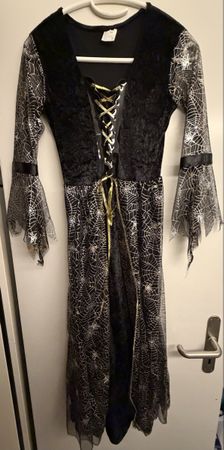 Hexenkostüm Halloween schwarz silber Spinnennetz Gr.S gut