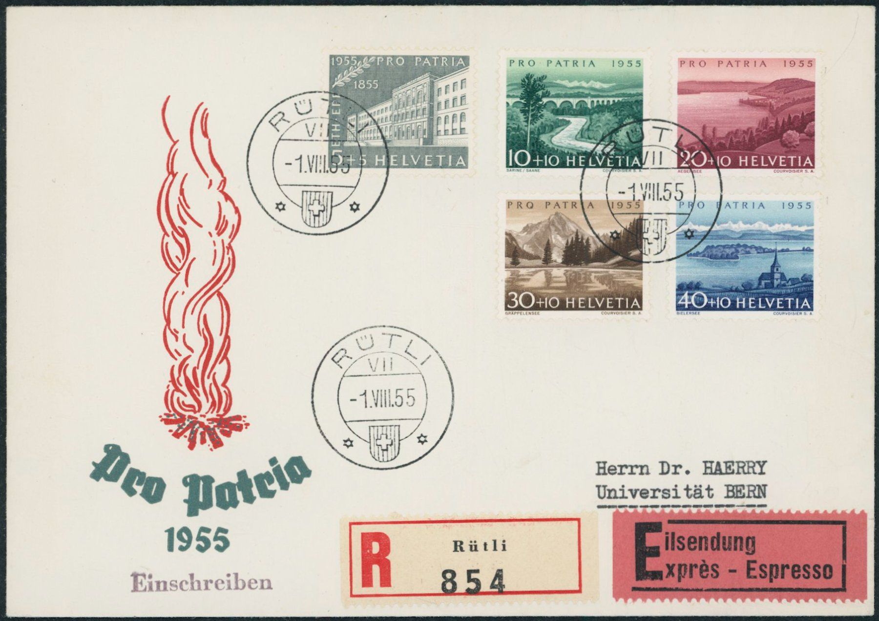 Tutti i francobolli: 1955 - Pro Patria - Brief - 1. August Rütli - Haerry – Usato da Schindellegi venduto da leecollect