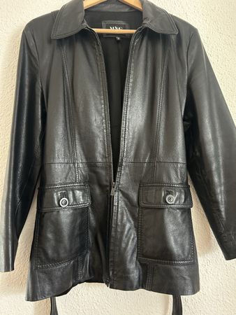 Mango MNG Echtleder Mantel schwarz mit Gürtel, Gr. L