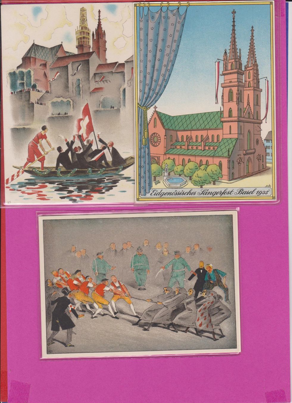 Cartoline postali: Basel 1935  :   Sängerfest   -   3 versch. Ansichtskarten – Usato da Vitznau venduto da Ropaku