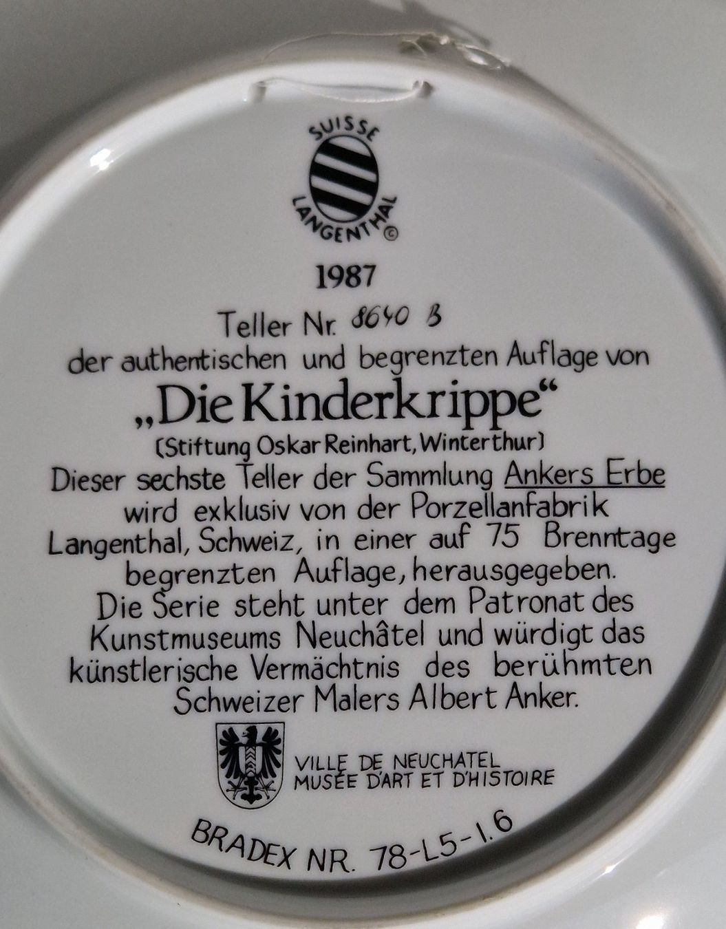 Teller: Sammelteller Albert Anker "Die Kinderkrippe" Langenthal 1987 – Gebraucht aus Zürich von silver-team 4