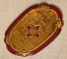Serviertablett, Gold, Rot, Vintage Stil
