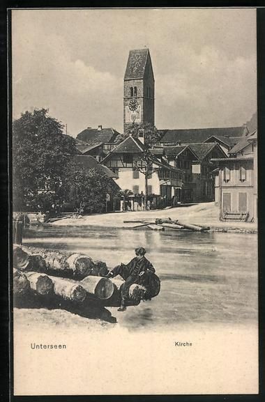 Cartoline postali: AK Unterseen, Ortspartie mit der Kirche – Usato da Berlin venduto da bartko-reher