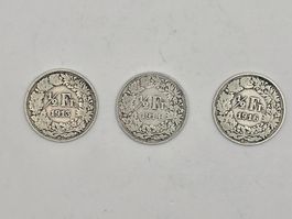 3x 1/2 Fr. Münzen Helvetia 1913, 1914, 1916 Silber  (45)