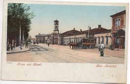 Gruss aus BASEL Bad. Bahnhof - Tram - Pferde-Kutschen