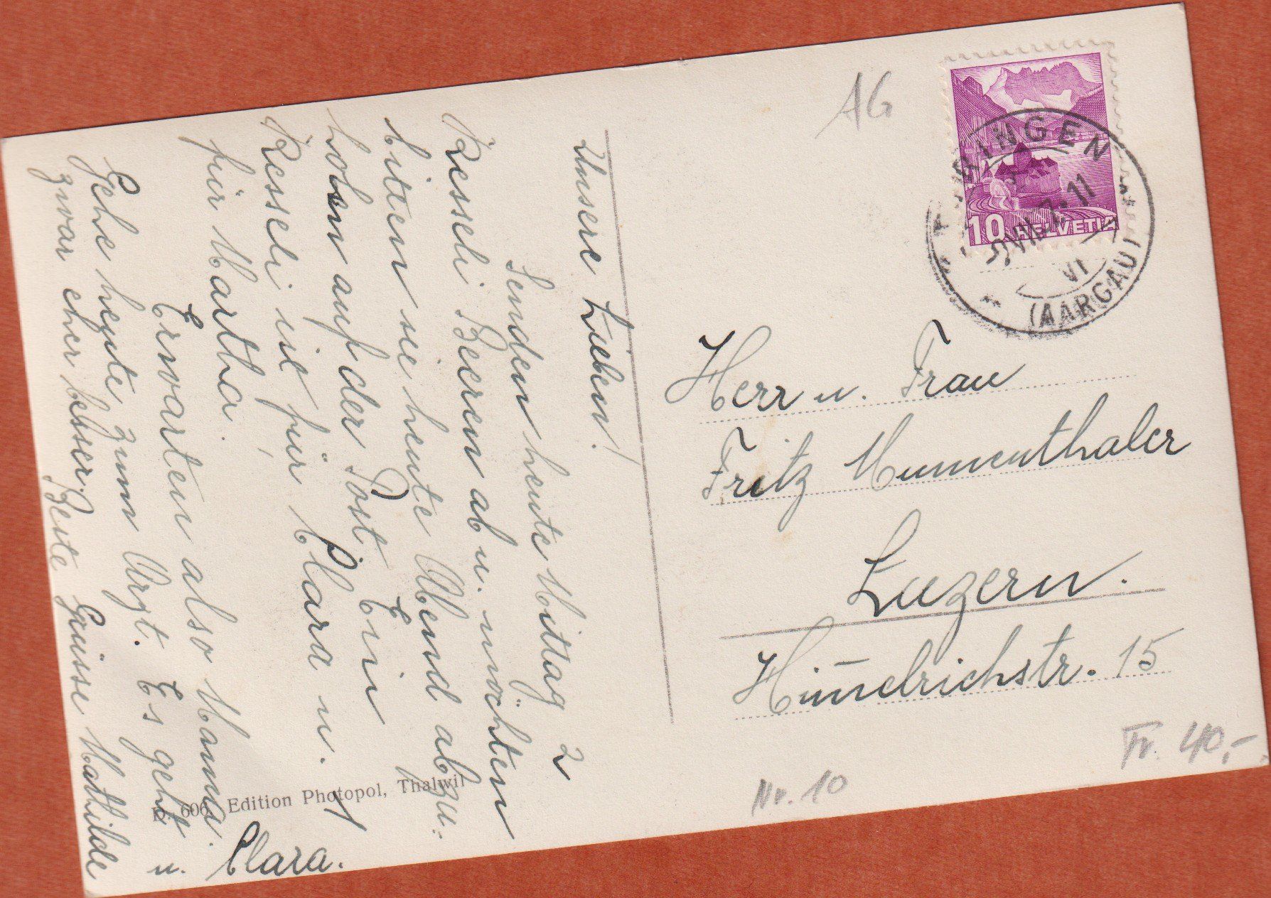 Ansichtskarten: Oftringen   -   alte Ansichtskarte Nr. 606 von 1937 – Gebraucht aus Vitznau von Ropaku 1