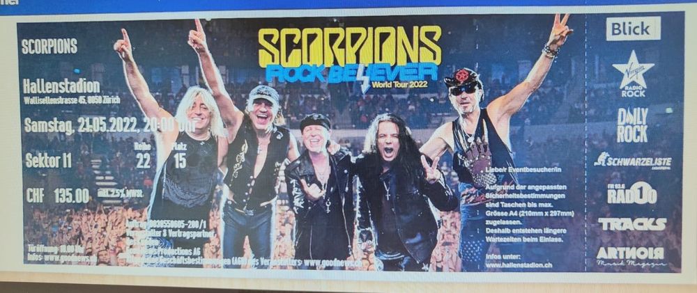 Ticket Scorpions Konzert 2.6.2023 | Kaufen Auf Ricardo