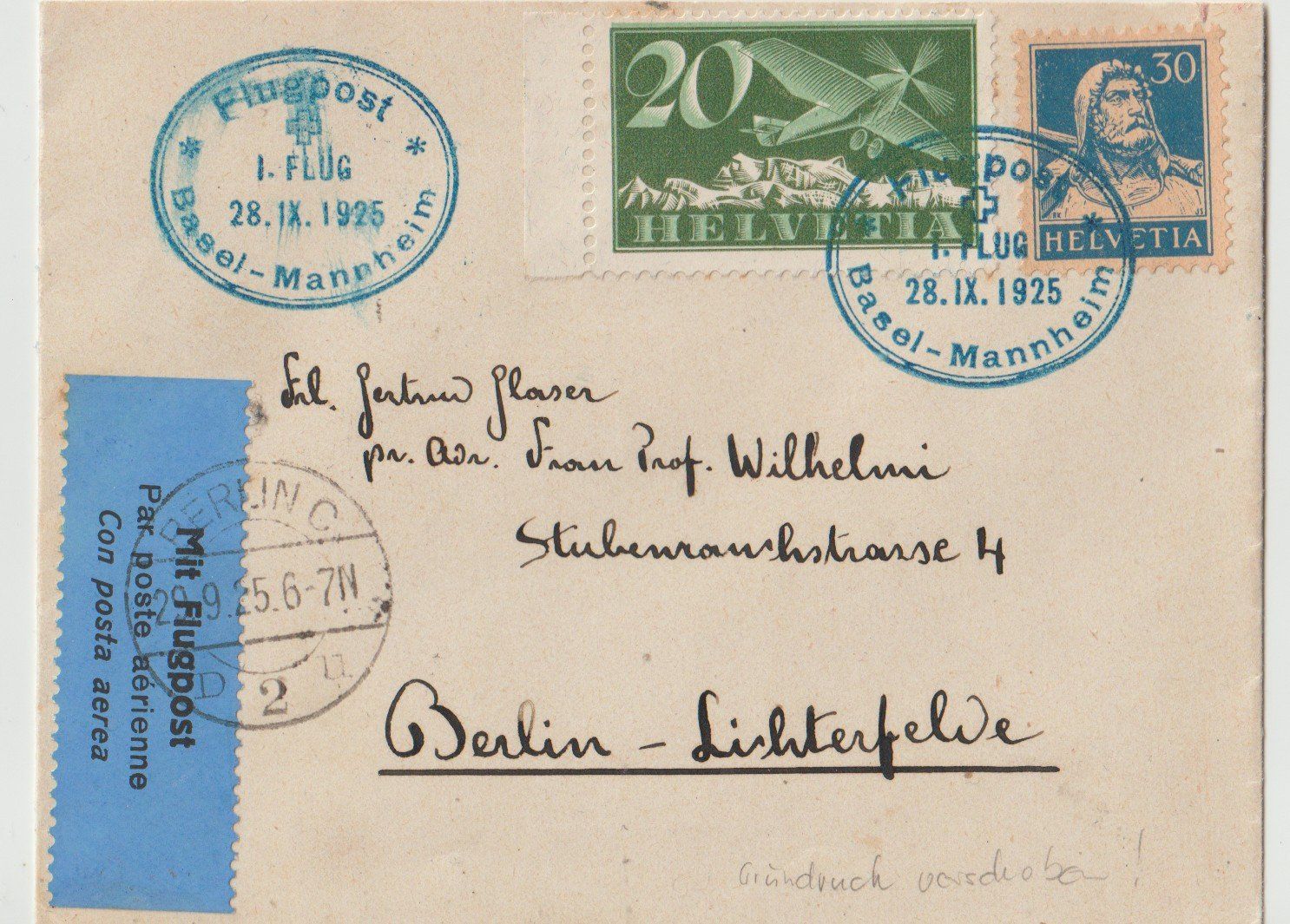 Tutti i francobolli: Luftpost Basel-Mannheim 1925 Abart : Grün Verschoben – Usato da Biel/Bienne venduto da Destockweb