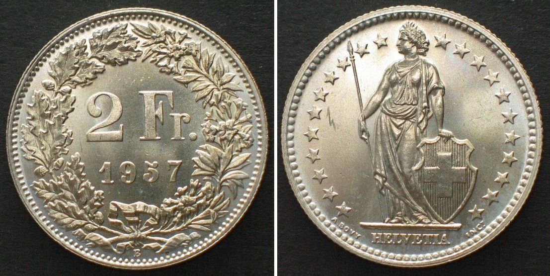 Tutti le monete: Schweiz 2 Franken 1957 Silber ERSTABSCHLAG EA – Usato da Riehen venduto da sesambestcoins2004