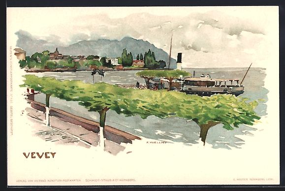 Cartoline postali: Fritz Voellmy: Vevey, Dampfschiff auf de – Usato da Berlin venduto da bartko-reher