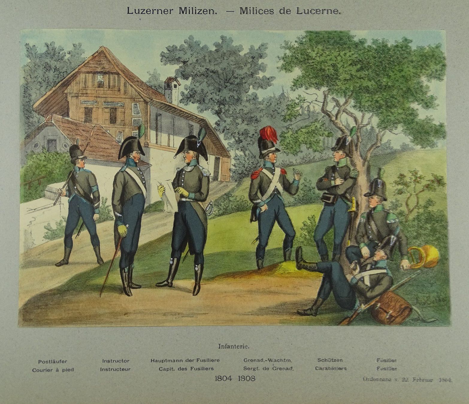 Grafiken & Lithographien: LUZERNER MILIZEN, LITHOGRAPHIE UM 1890 – Gebraucht aus Grüningen von Kartensammler 1