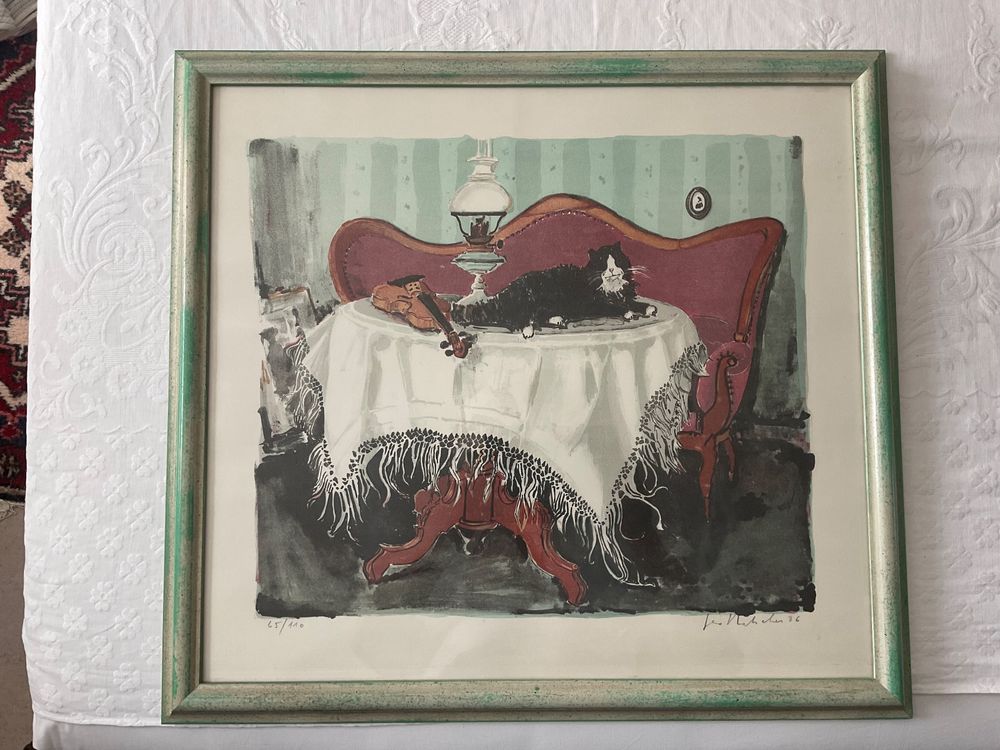 Lithographie von Geo Bretscher 1986. Katze auf Tisch 1