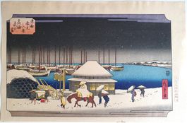 HIROSHIGE, gravure sur bois, Nuit de neige