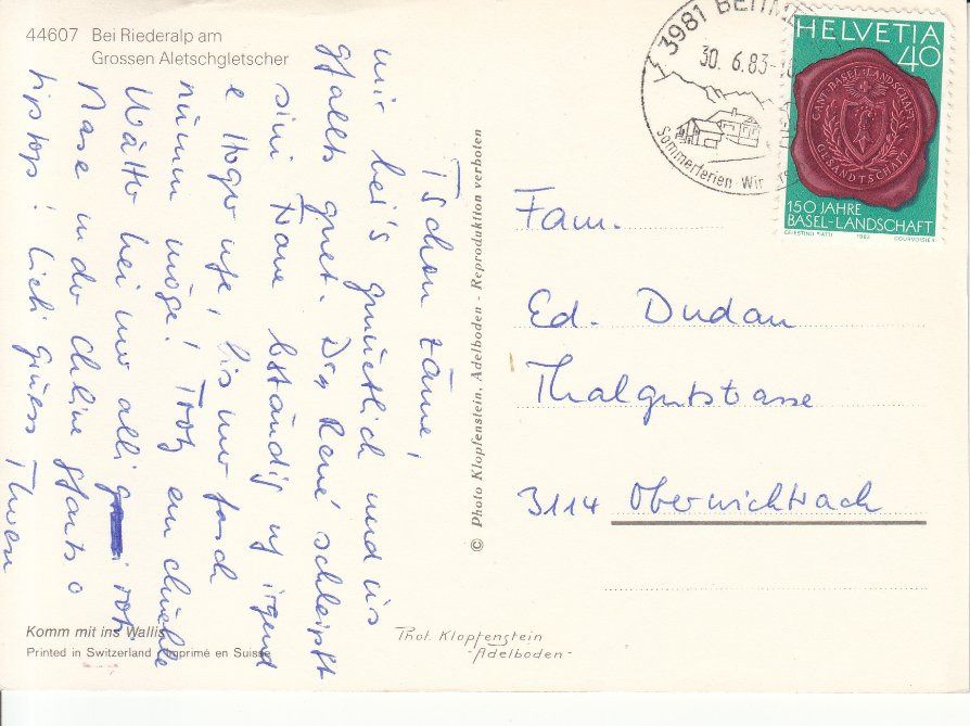 Cartoline postali: Riederalp 1983 – Usato da Bürglen TG venduto da StampGraf 1