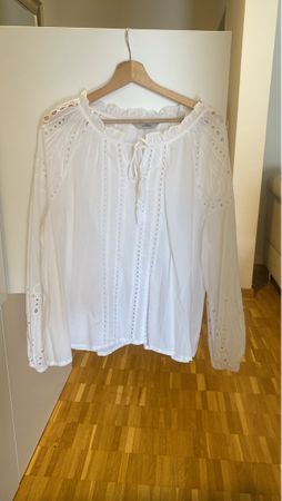 Romantische Bluse, weiss, Lochstickerei, Grösse EU XL/42