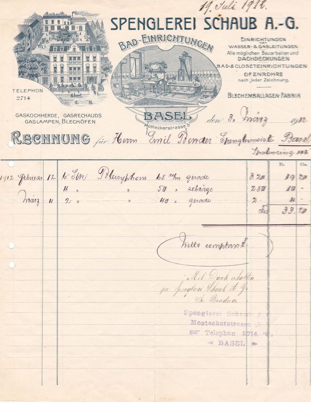 Dokumente: 1912, Spenglerei Schaub A.-G., Basel – Gebraucht aus Wenslingen von riger11