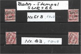 1902/ 08 : Ziffermuster 10 Rp. ; 4 Ex. m. Bahnstempel Sursee