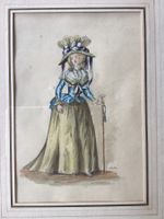 Antikes Aquarell Dame Mode gerahmt, Signatur
