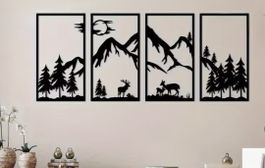 Wanddeko Hirsch Bergmotiv Wald 4er Set schwarz