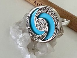 Designer Silberring 925 meerblaues Emaille Zirkonia Spirale