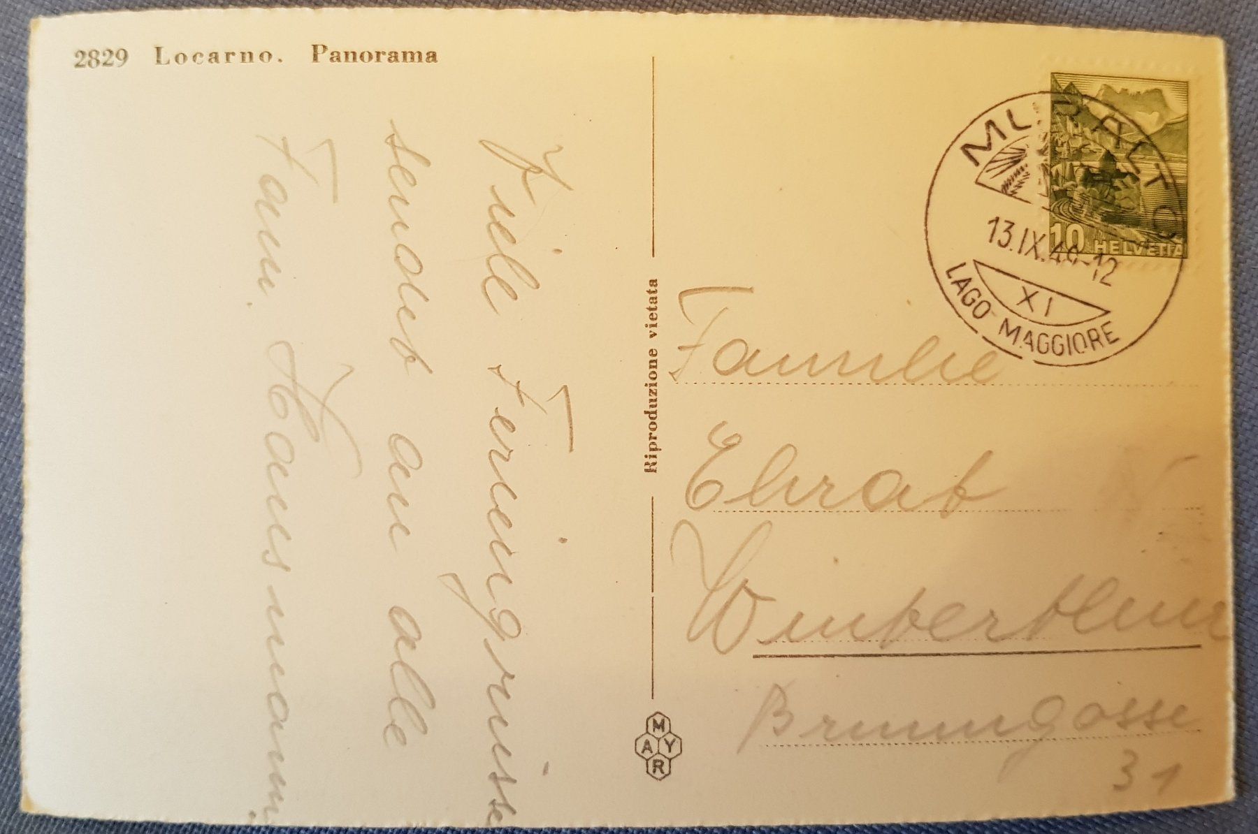 Cartoline postali: Locarno 1949 – Usato da Melchnau venduto da Fishel 1